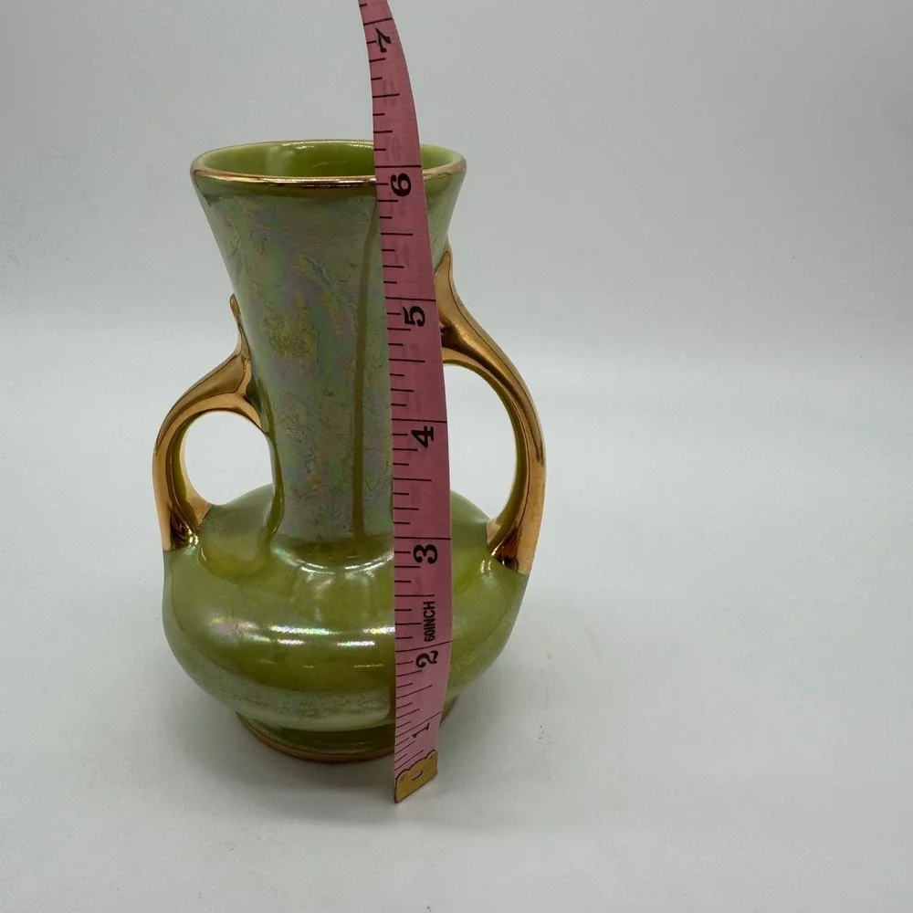 Vintage Pearl China Co Iridescent Green Lustre Vase 22k Gold USA 6x4.5